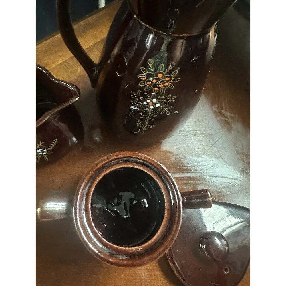 Vtg Japan Moriage Red Ware Hand Painted Tea/Coffee Pot w/Creamer/ Sugar Set